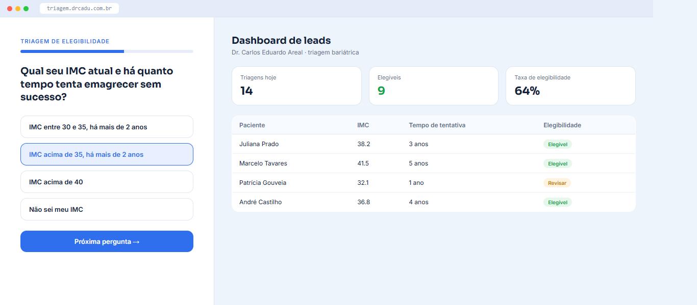 Quiz de triagem de elegibilidade e dashboard de leads da cirurgia bariátrica